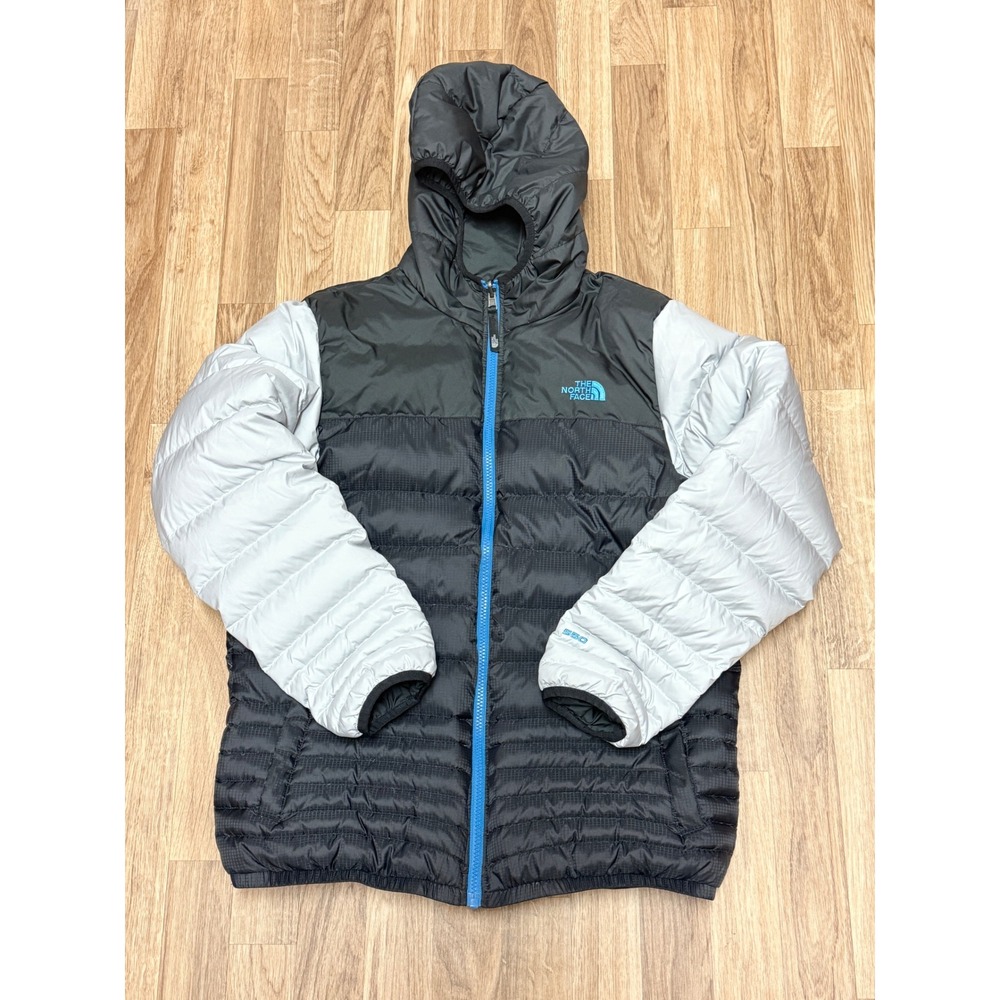 The North Face Boys 550 Reversible Down Hooded Jacket Black Grey XL 18/20